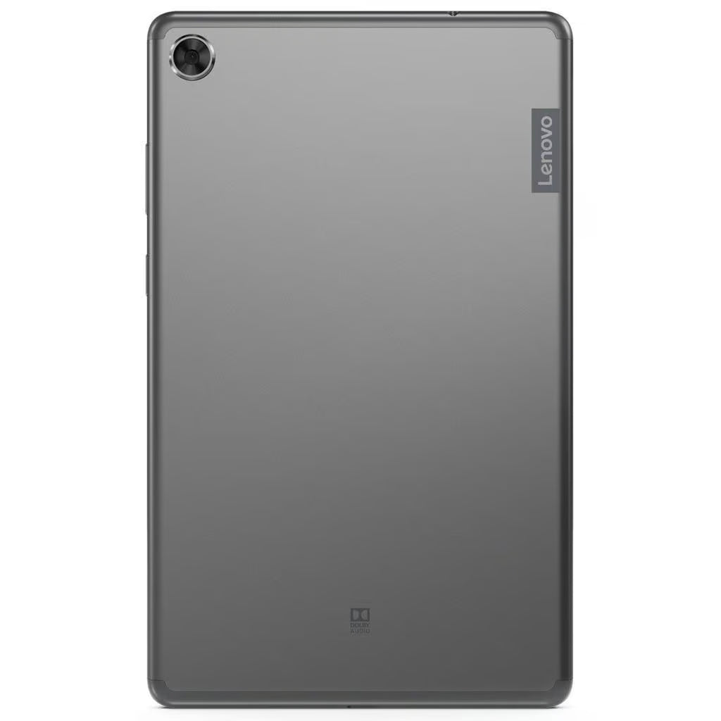 Retro del Lenovo Tab M8 TB-8505F in finitura grigia con logo Lenovo e fotocamera posteriore. Design elegante e minimalista. Retro del Lenovo Tab M8 TB-8505F in finitura grigia con logo Lenovo e fotocamera posteriore. Design elegante e minimalista.